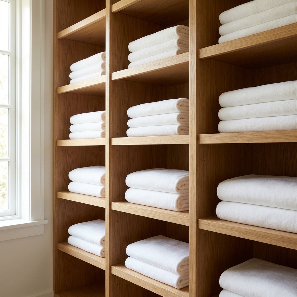 Organised laundry room with folded linens